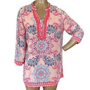 Charter Club Ribbon Trim Beaded Tunic Top Sz M Pink Multicolor #19498